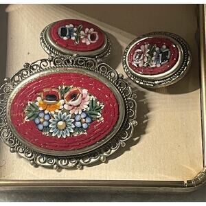 Vintage Italian Micro Mosaic Floral Pin Brooch Earrings Filigree Border